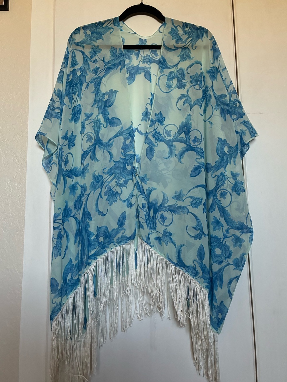 Blue and white floral sheer shawl